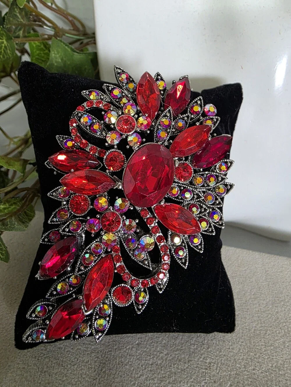 Vintage Style Ruby Red AB Rhinestone Floral Brooch Pin | Large Statement Pin